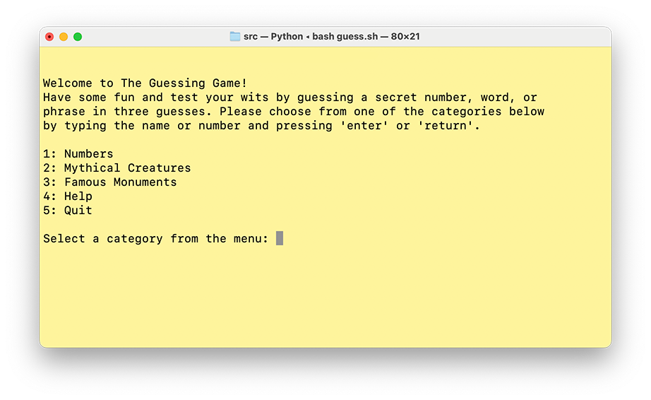 The Guess app welcome text displayed in a terminal window