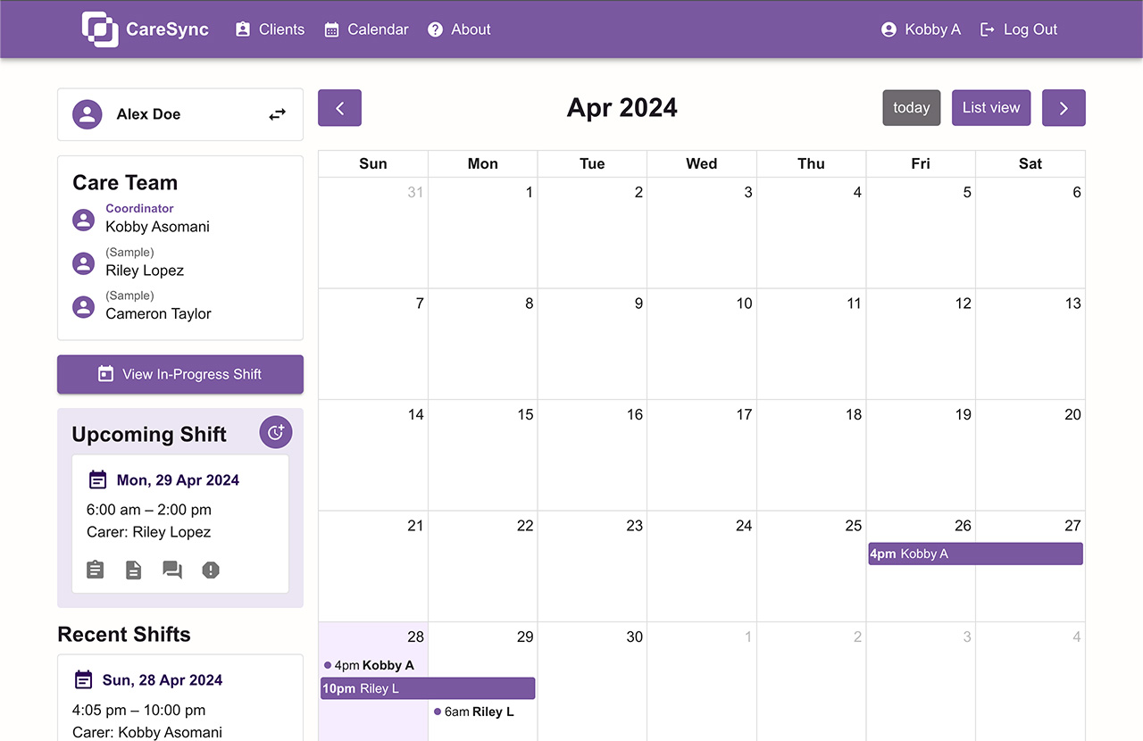 The CareSync Calendar view after selecting a client.
                            It features a calendar day grid of the current month and a sidebar allowing the
                            user to switch clients, manage the client's care team, and view in-progress, recent,
                            and upcoming shifts.