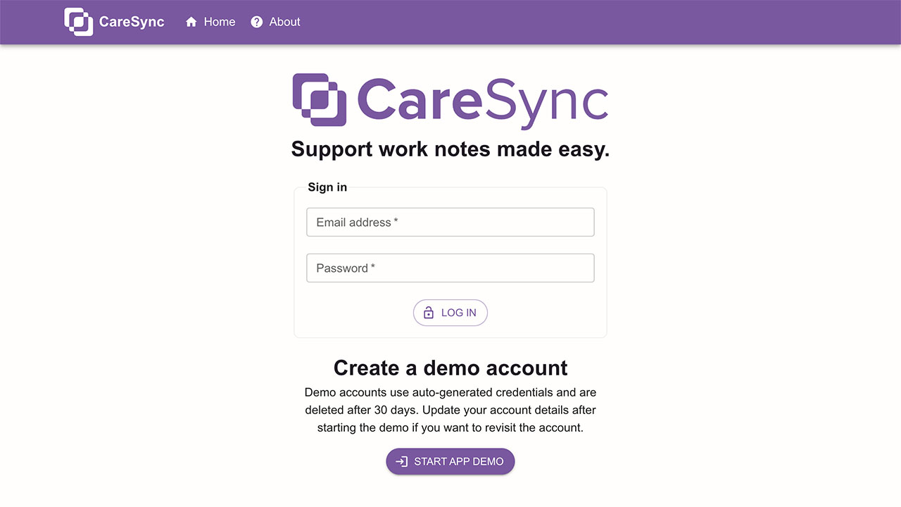 The CareSync home page with a navigation menu,
                        heading, login form, and demo signup button.