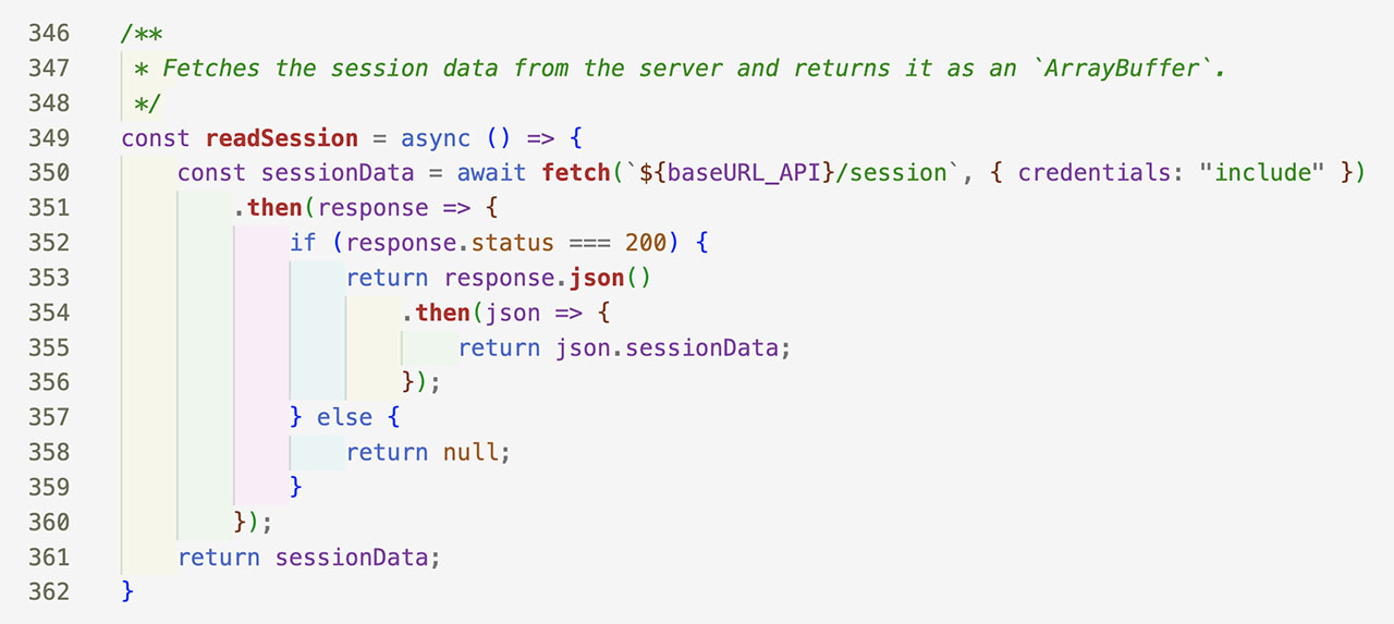The code for application's the read session
                                function. It asynchronously fetches the session data, parses JSON response into an object,
                                and returns it if successfull. If the reponse code is not 200, it returns null.
