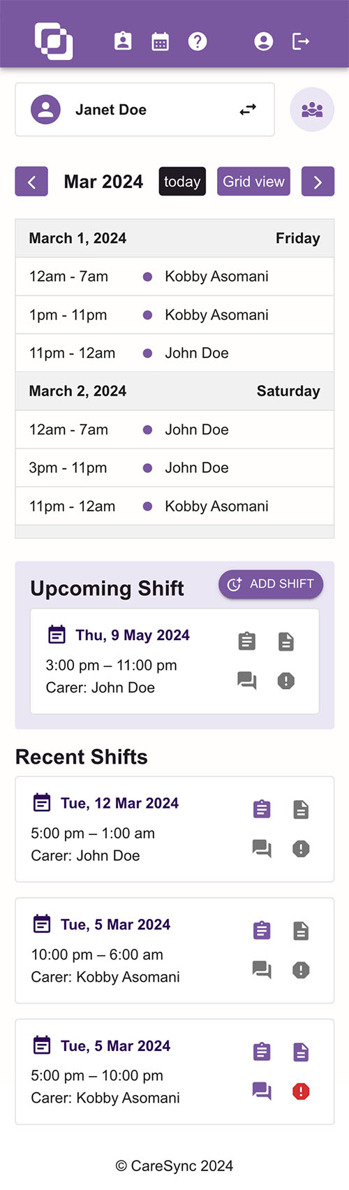 The client calendar in a list view
                                    on a mobile device, with upcoming and recent shift cards underneath.