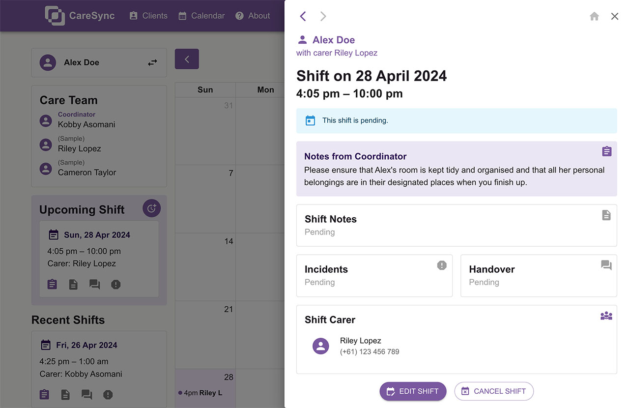 The Shift Details Drawer open over the Calendar view