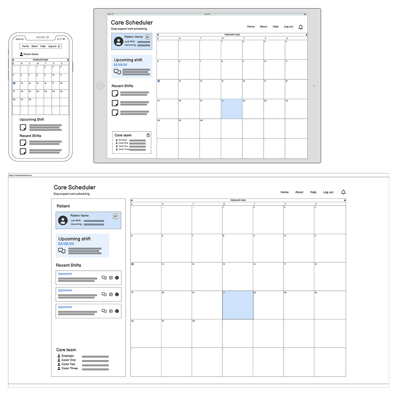 Three wireframes showing the calendar
                            view of the application at mobile, tablet, and desktop sizes.